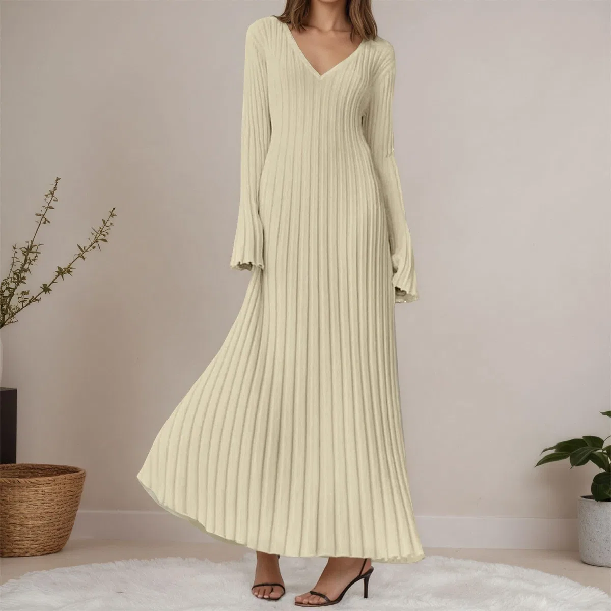 Elegante vestido largo de punto con cuello alto, estructura acanalada, diseño entallado, adelgazante, casual, con ajuste en la cintura