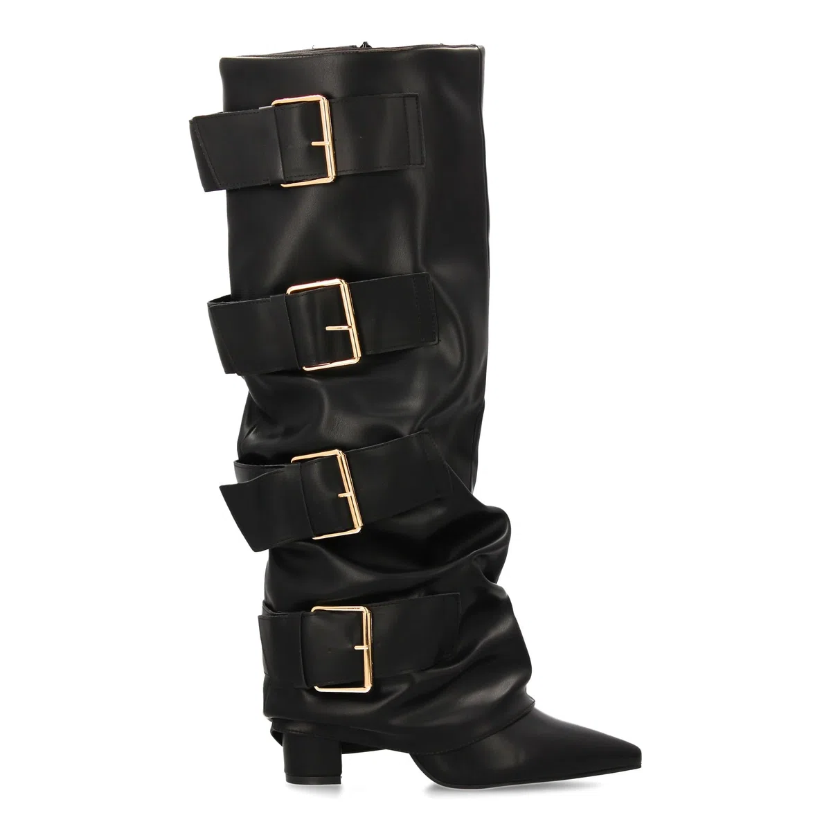 Botas Altas para Mujer con Hebillas y Efecto de Forro. Punta Fina y Tacon Comodo, Estilo Moderno y Elegante, Ideal para la Temporada Otono Invierno.