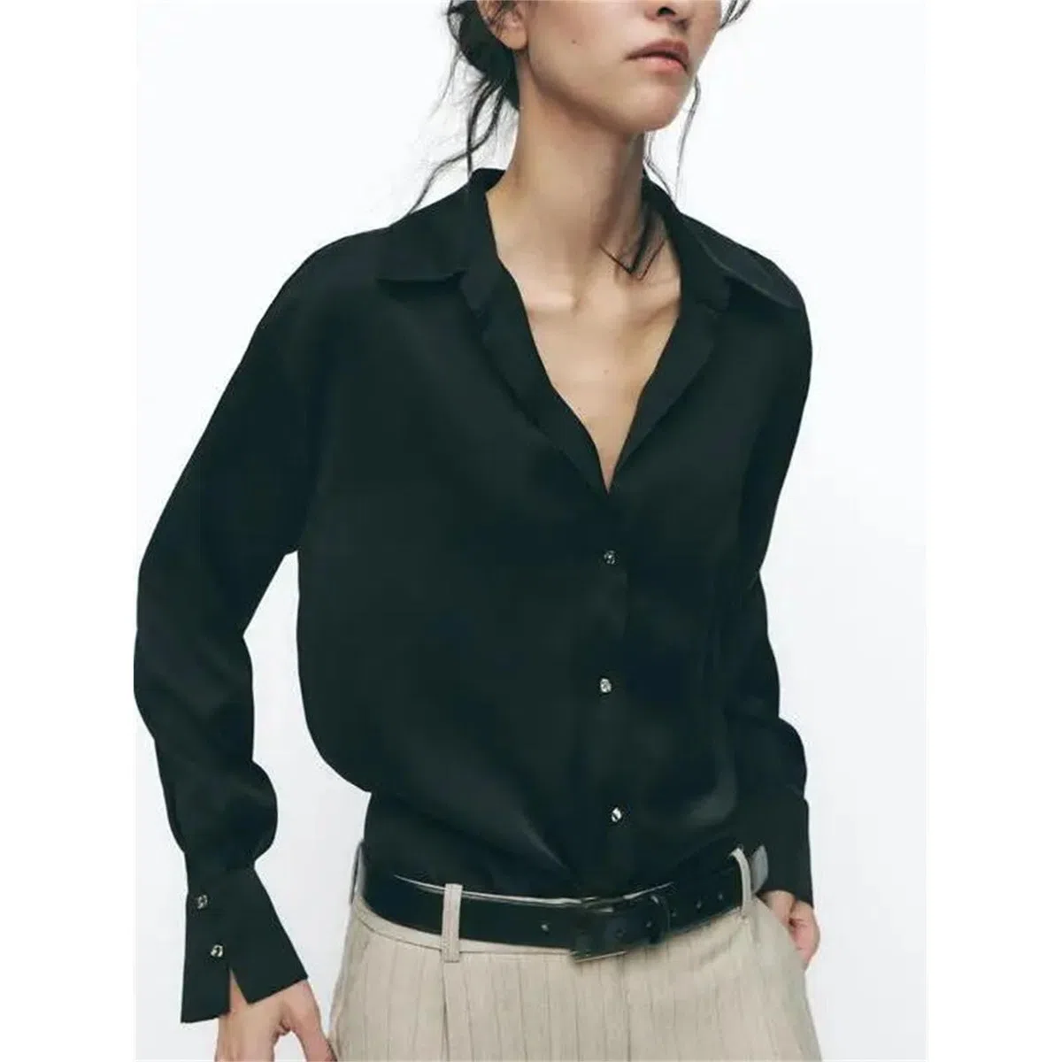 Blusa de satén para mujer, con solapa, manga larga, ajuste holgado, cómoda, suave, para oficina, uso diario