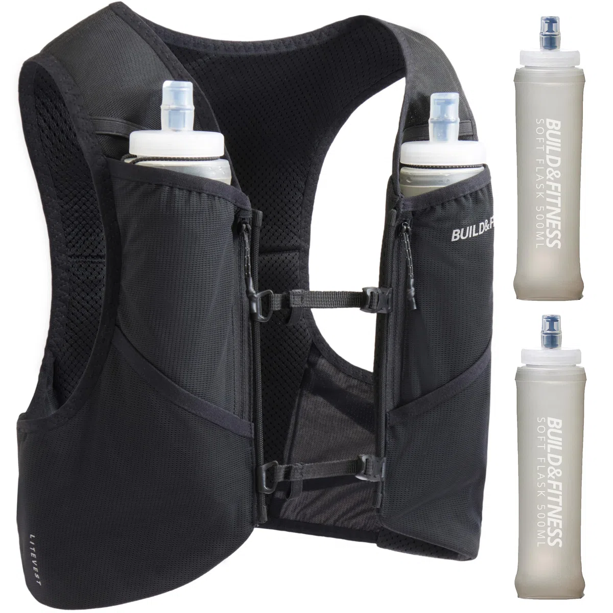 Chaleco de running LITEVEST de Build & Fitness con 2 botellas blandas de 500 ml, 7 bolsillos, ligero y transpirable, premium, seguro, cómodo y elegante para trail running, maratones y carreras diarias