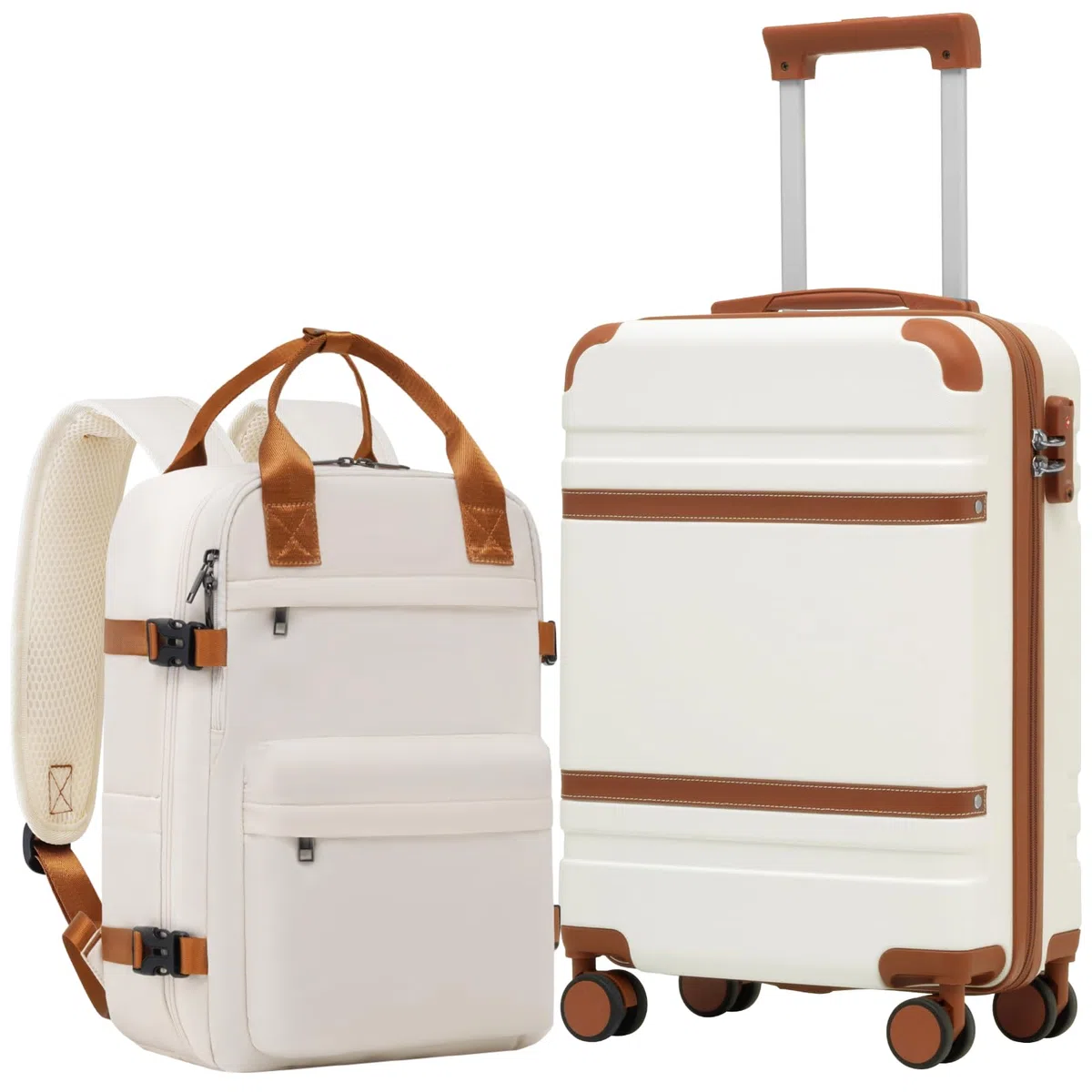 COOLIFE Maleta de cabina de 55 x 35 x 20 cm para Ryanair, equipaje de mano, maleta rígida con cerradura TSA y 4 ruedas gemelas, blanco y marrón., 55×35×20 -Set 2pzs