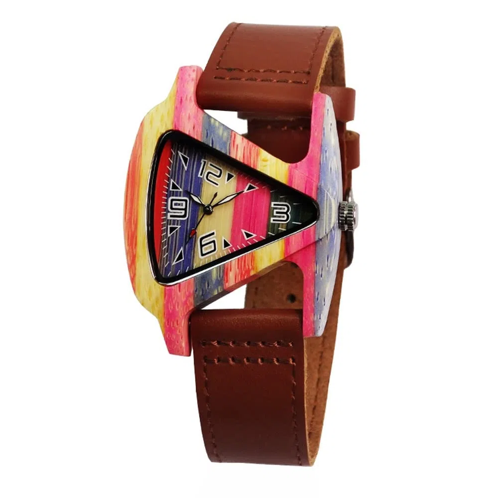 Relojes de madera para mujer y mujer, diseño de triángulo, reloj de madera, ligero, hecho a mano, de madera, reloj de pulsera de cuarzo para hombres y mujeres, reloj de pulsera, colorful bamboo