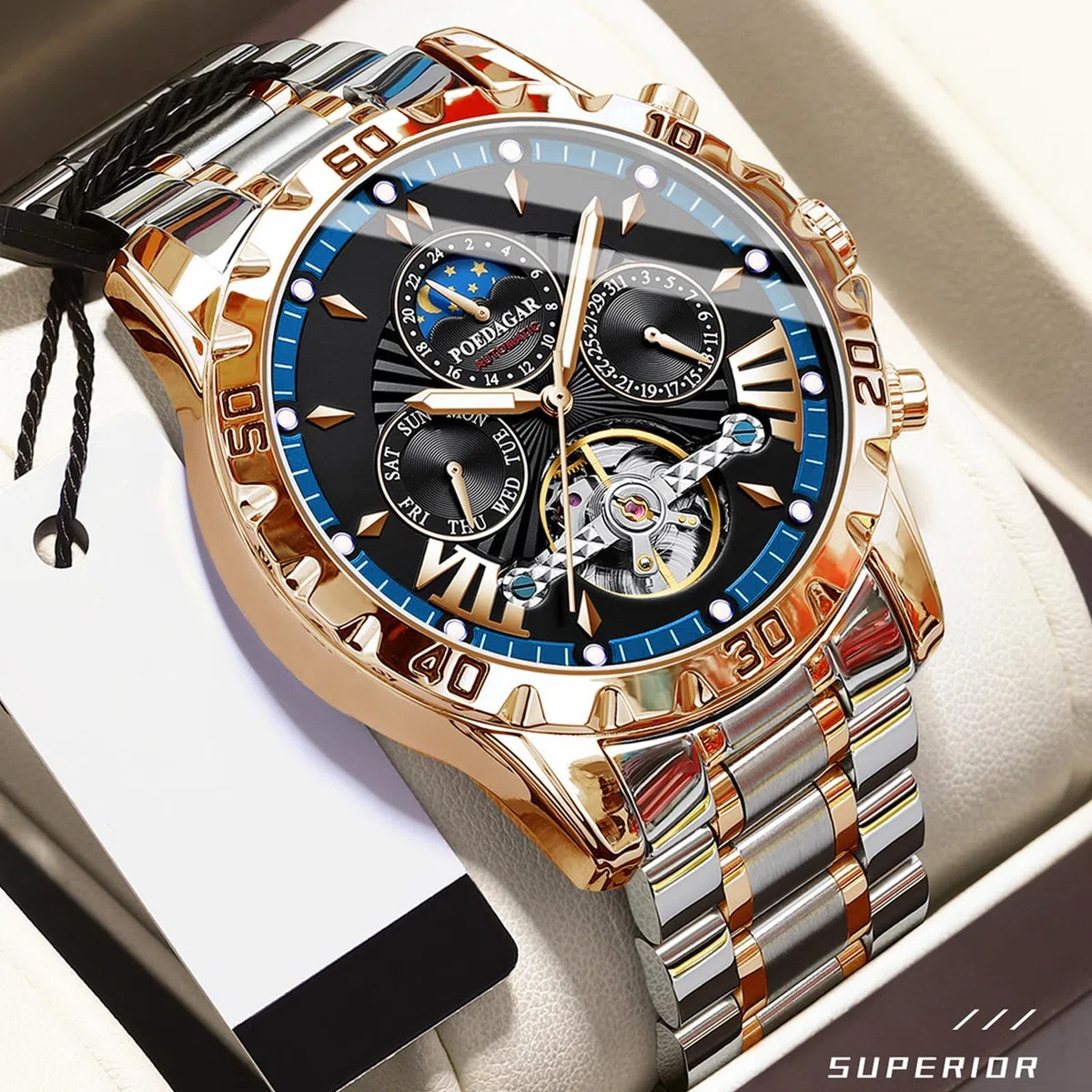 FORSINING Tourbillon Reloj de pulsera automático para hombre, correa de acero inoxidable, fase lunar, analógico, con fecha