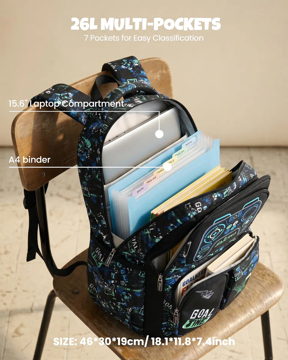 Amythe Mochila Escolar Niños Clases de 3 a 9 3 piezas Grande Set, Negro | 3 piezas Impermeable Correa Pectoral Compartimento Laptop Negro Daypack Multi-Bolsillos Espacioso Resistente para Colegio