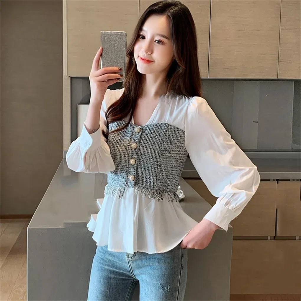 Blusa de chifón con cuello en V para mujer, manga larga, con botones, informal, de retazos, para oficina, trabajo