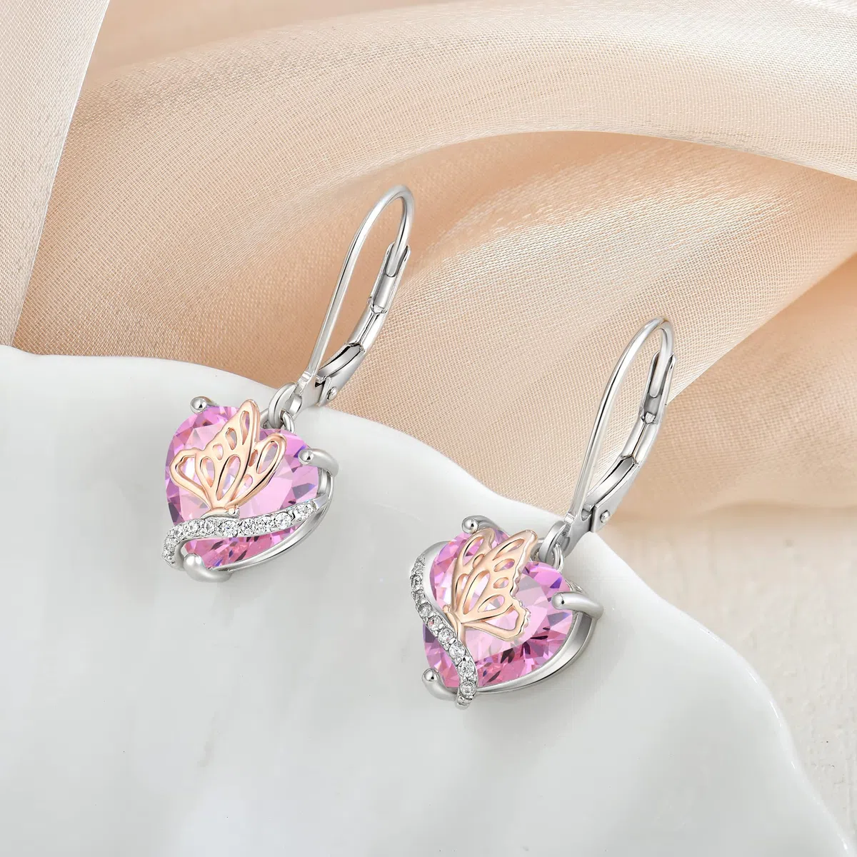 YL Pendientes Corazón Plata de Ley 925 con 12 piedras de Nacimiento Circonita Mariposa Pendientes para Mujer