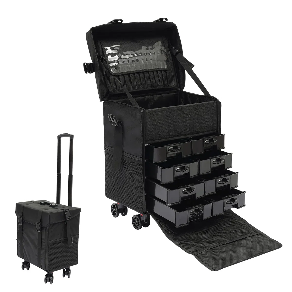 Maletín de maquillaje con 8 cajones y ruedas giratorias 360°, para viajes, esteticistas, peluquerías, Negro , Moda