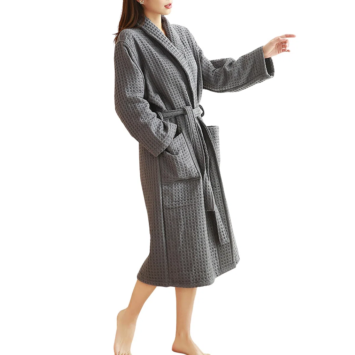 Albornoz tipo kimono algodón 100% con diseño gofre,ropa informal unisex ultra suave y acogedora,bata spa secado rápido absorbente cuello en V vintage con bolsillos,Gris,M