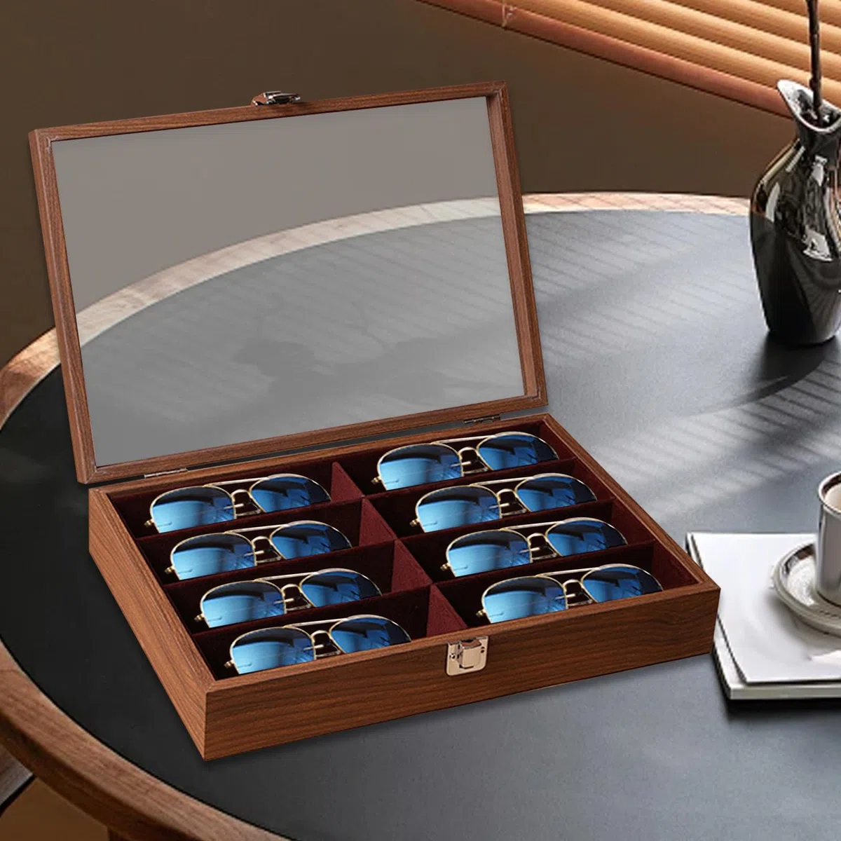 #N/A/a Organizador de Gafas Bandeja para Ordenar Lentes Caja de Exhibición de Madera 8 Espacios con Revestimiento Suave Adecuado para Organización en Casa Y, con Tapa de Nogal, universal