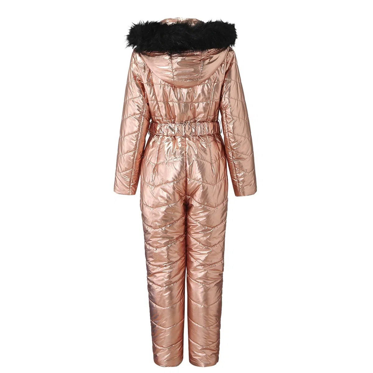 Traje de esquí metálico brillante para mujer, overol de nieve de invierno de alto brillo con capucha de piel sintética desmontable, equipo de esquí impermeable y resistente al viento, traje de esquí