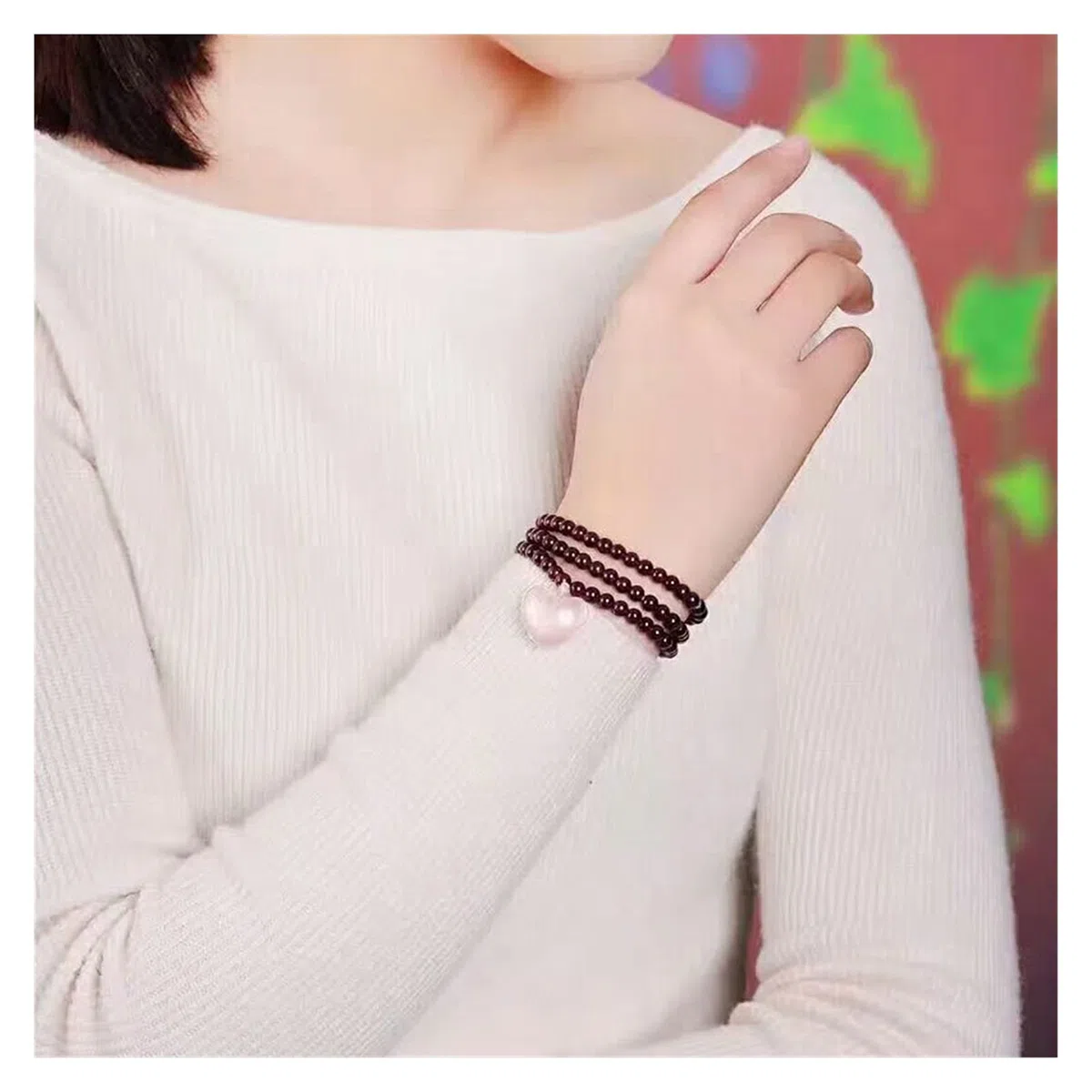 CCXXYGWJ Pulseras Pulseras Piedra Granate Natural Perla Roja Vino con Colgante de corazón Rosa Pulsera para Mujer Joyas Multicapa de Cristal