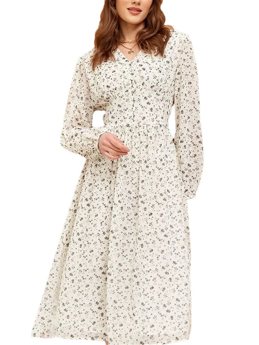 Vestido midi de manga larga con cuello en V y estampado floral para mujer, estilo francés, cintura imperio