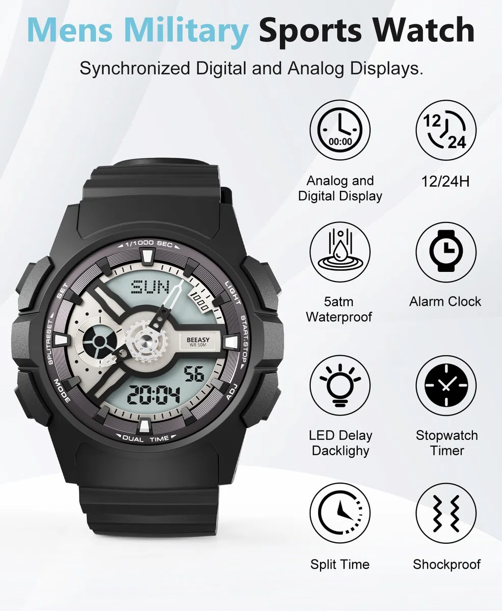 Beeasy Reloj deportivo para hombre, resistente al agua, militar, con fecha, multifunción, táctica, LED, alarma, cronómetro, Negro (Negro)