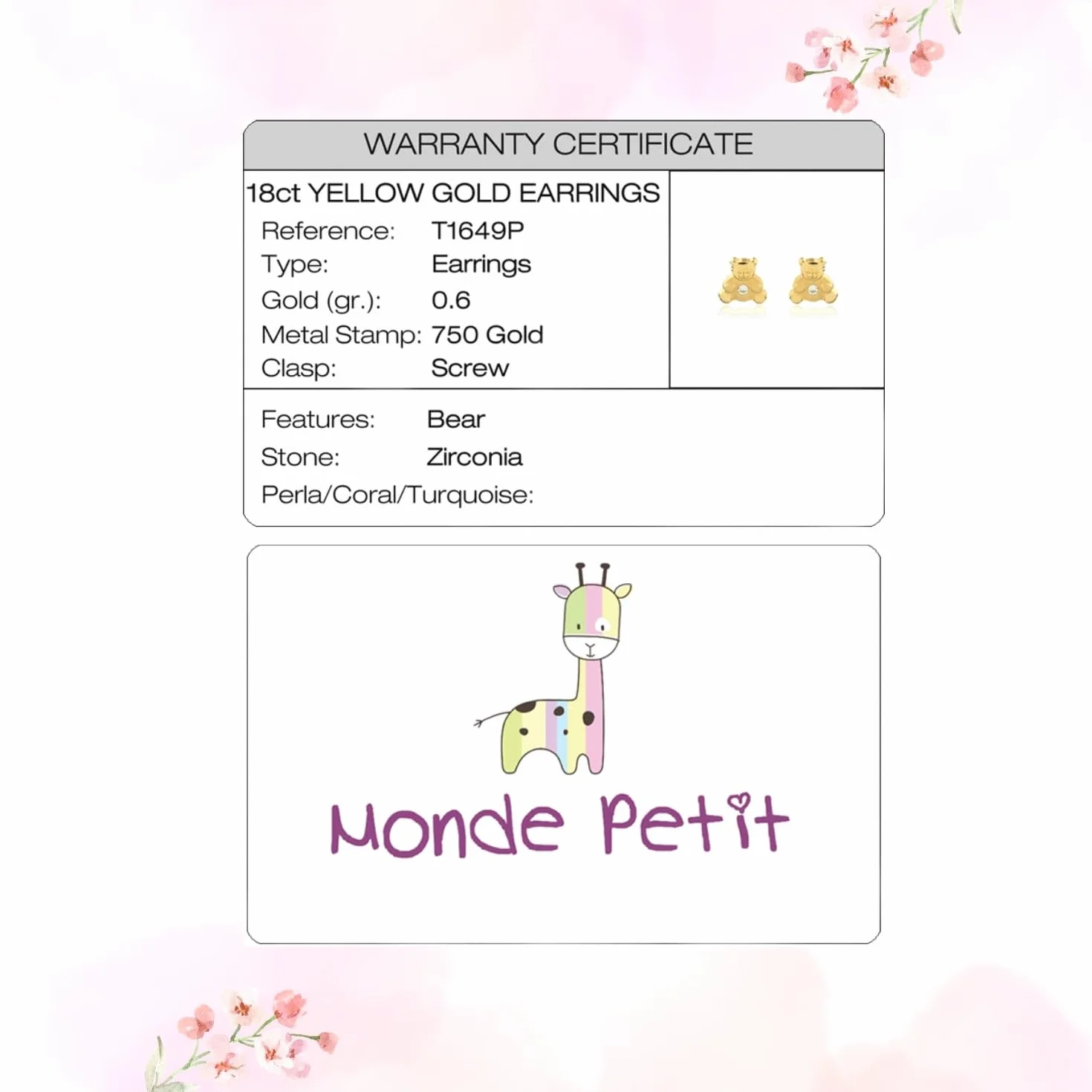 Pendientes Oro Bebe o Niña oso nacar y circón (9kts) - Estuche Regalo - Certificado de Garantía - Mondepetit