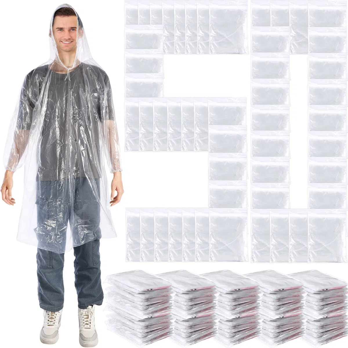 Berlune 50 ponchos de lluvia desechables para adultos, ponchos desechables gruesos a granel con capucha, ponchos de emergencia para acampar parque temático, transparente