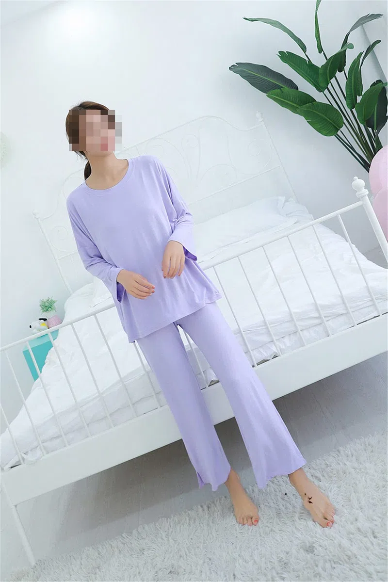 Conjunto de pijama de manga larga de algodón modal cómodo otoño e invierno para mujer, morado claro, XL