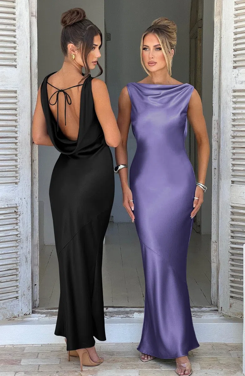 Memoriesea Elegante vestido largo sin mangas con cuello alto para mujer, para cóctel, boda, fiesta