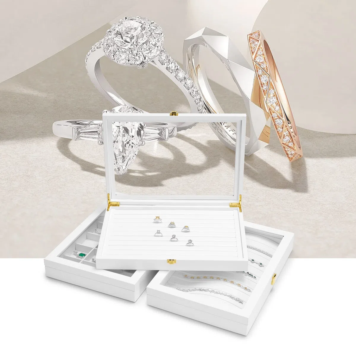 Bandeja Para Collares con 24 Compartimentos Caja de Almacenamiento de Cuero con Tapa Transparente Joyero con Cerradura para Varios Collares y Colgantes Adecuado para Mujeres y Niñas Blanco