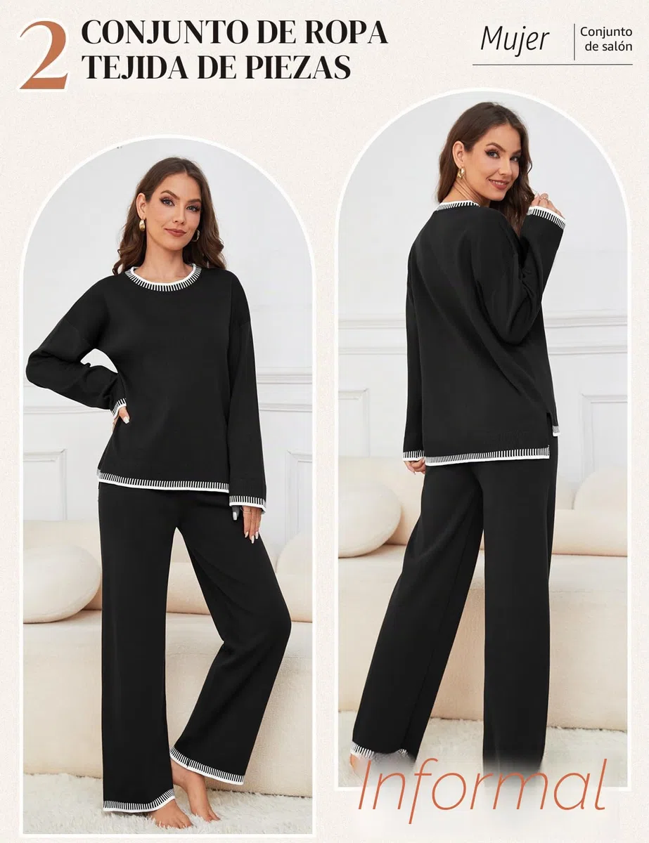 TOMEEK Conjunto Punto Mujer Dos Piezas Casual Chandal Completo Mangas Largas Tejido y Pantalones Suelto Cómodo Moda Conjunto De Pijama Salón Deportivo Color Sólido