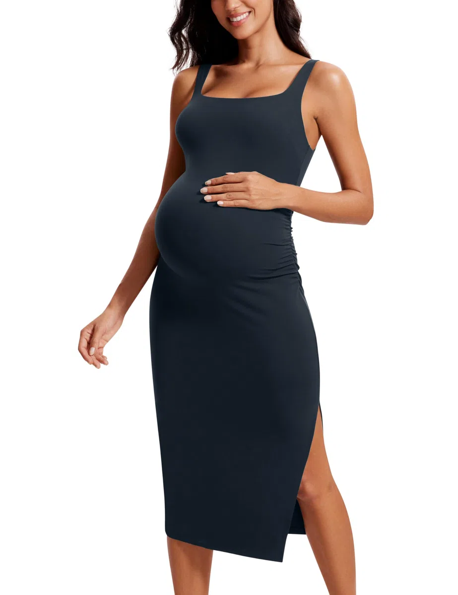 CRZ YOGA Maternidad Vestido Midi Escote Cuadrado | Butterluxe, Sostén Integrado, sin Relleno, Súper Suave, Casual, Frunces Laterales, Abertura Lateral, Embarazo y Posparto