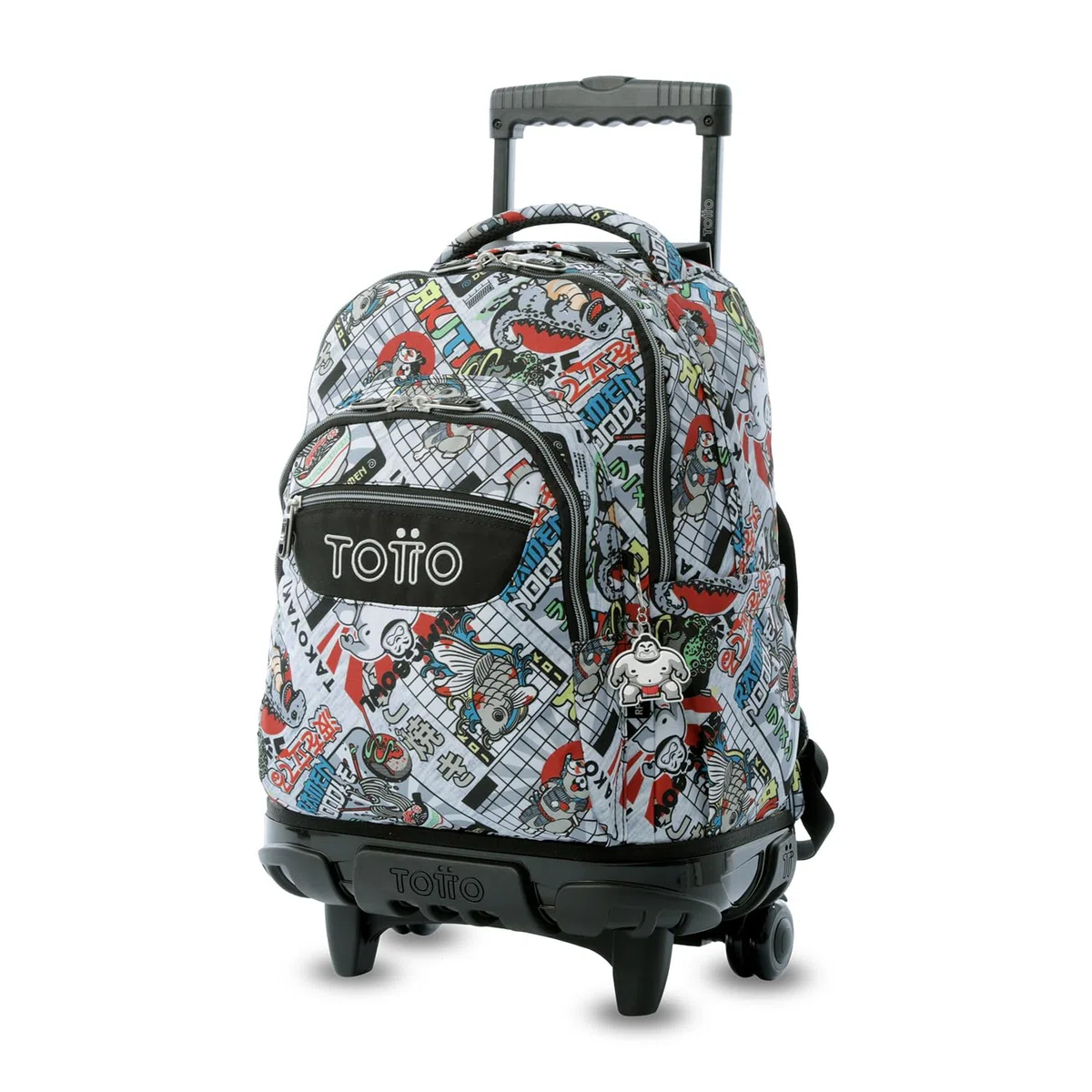 TOTTO - Mochila Escolar con Ruedas, Modelo Renglones, Capacidad 26,21 Litros, Bolsillo para PC 14", Bolsillo Botella, Correas en S para Mayor Comodidad, Resistente, Estampado Ramen Gris