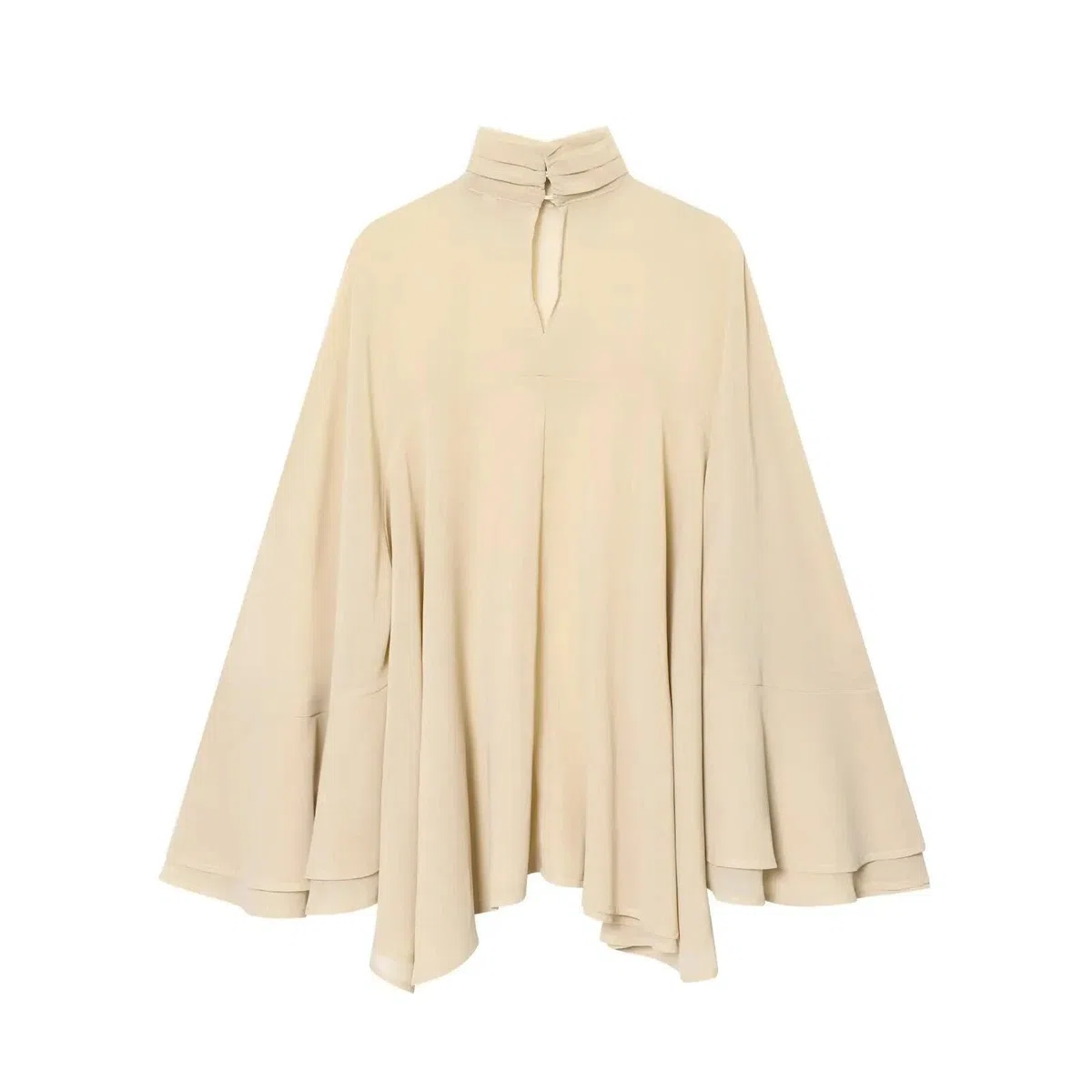 Genérico Camisa asimétrica para Mujer, Plisada, con Cuello Alto, Holgada, de Manga Larga, Estilo murciélago, Elegante, Informal, Color Beige Mediano.