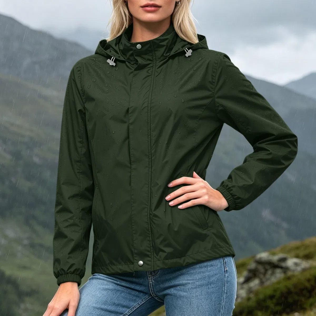 Chaqueta cortavientos ligera con capucha para mujer, ideal para actividades al aire libre. Abrigo informal liso con cremallera frontal, bolsillos delanteros y cierre ajustable.