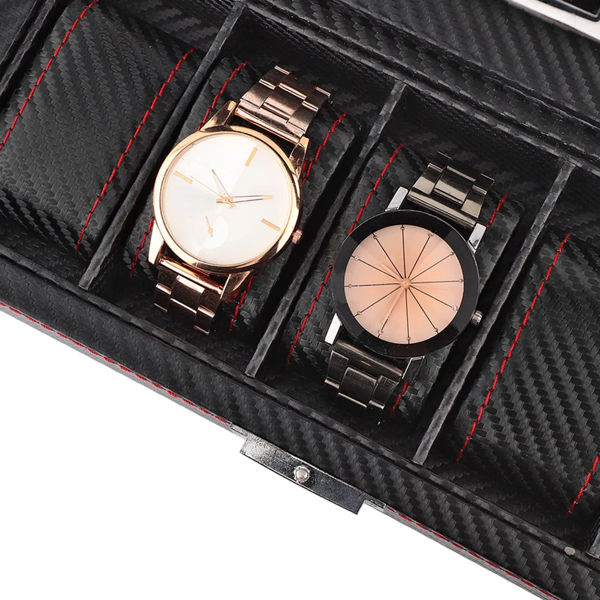 Caja para relojes de 5 compartimentos, estuche para relojes de fibra de carbono con costuras rojas, organizador de joyería de viaje para hombres y mujeres, almacena 5 relojes de