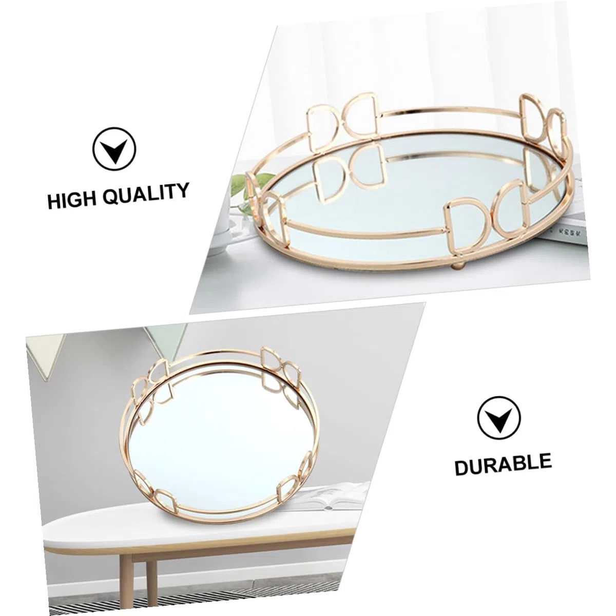 Uonlytech Bandeja Decorativa de Metal Dorada Estilo Nórdico Espejo Resistente para Guardar Joyas y Cosméticos, Uso Múltiple en Fiestas y Festivales