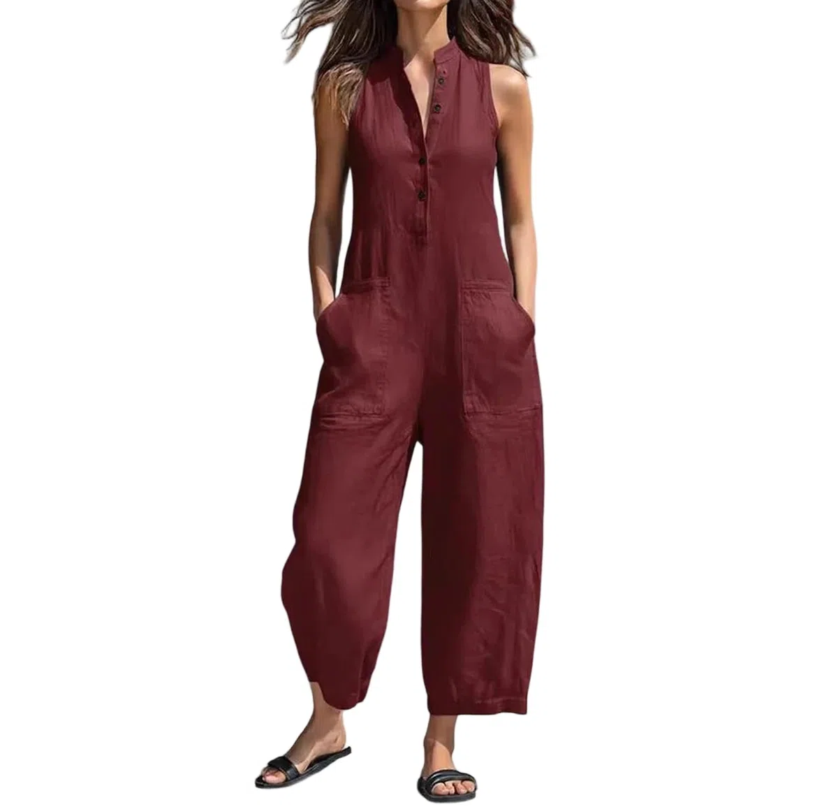 Yeuyyben Mono de una pieza sin mangas con cuello alto y pierna ancha para mujer, cintura alta, bolsillo, oficina, casual, elegante