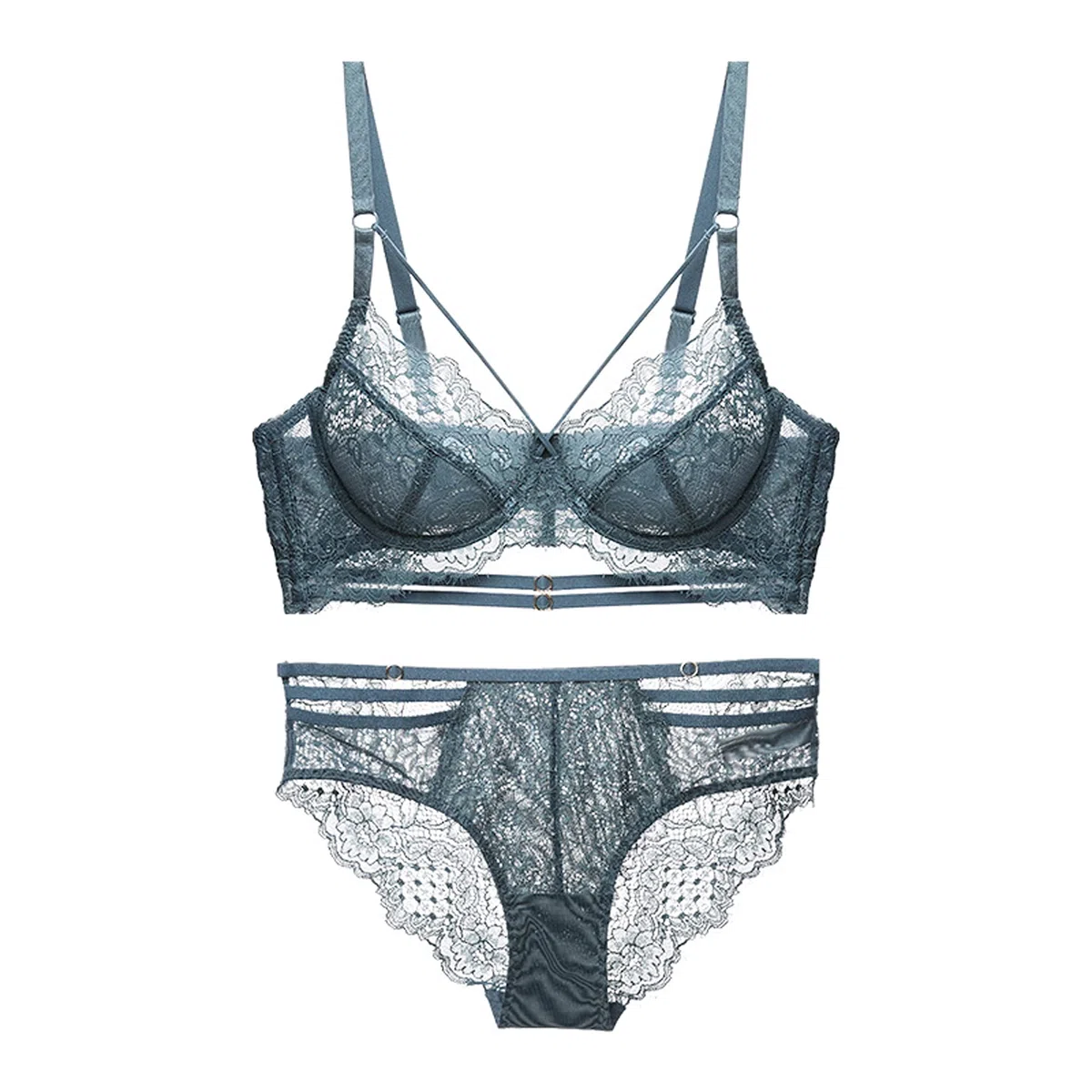 WENJUN Bralettes de tiras para mujer, sujetador diario, conjunto de sujetador y bragas para mujer, lencería sexy de encaje de dos piezas (color verde malaquita, tamaño: 85B)