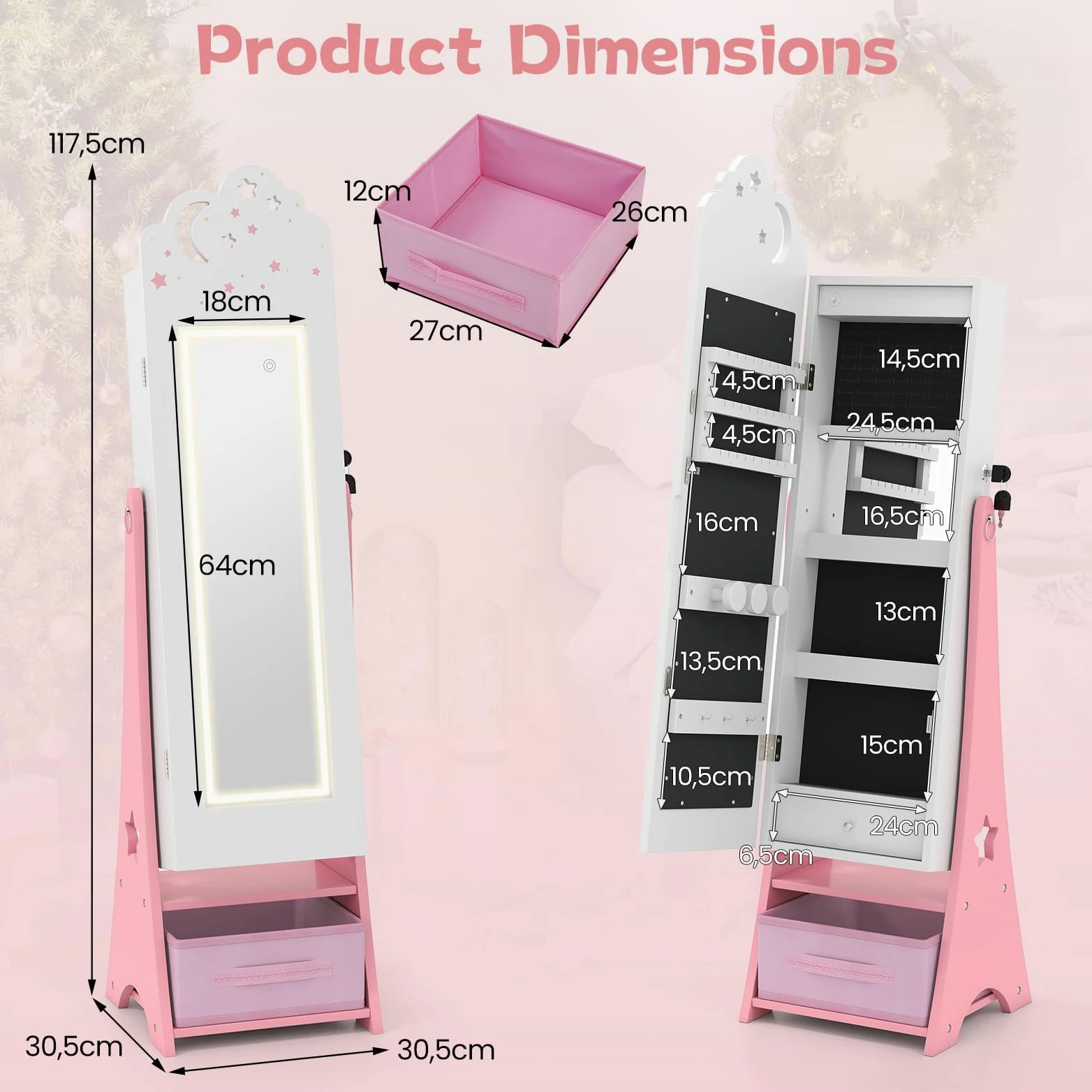 FANTASK Armario para joyas para niños, armario con espejo con iluminación LED y espejo de cuerpo entero, organizador de joyas inclinable con espejo interior y cajones, para habitación de los niños