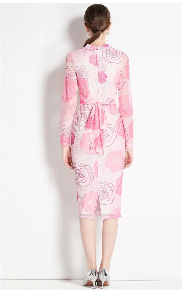 Vestido de mujer con estampado floral para oficina, retro, cintura alta, con cordones, cuello en V, manga larga, vestido midi, Negro, S