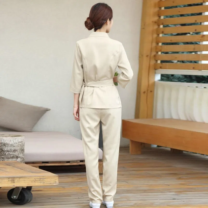 Hemobllo Traje De Técnico De Belleza Ropa Spa Y Estética Uniforme Peluquería Para Teñir El Cabello Diseño Ajustable Con Correa De Cintura Escote Limpio Talla Xl