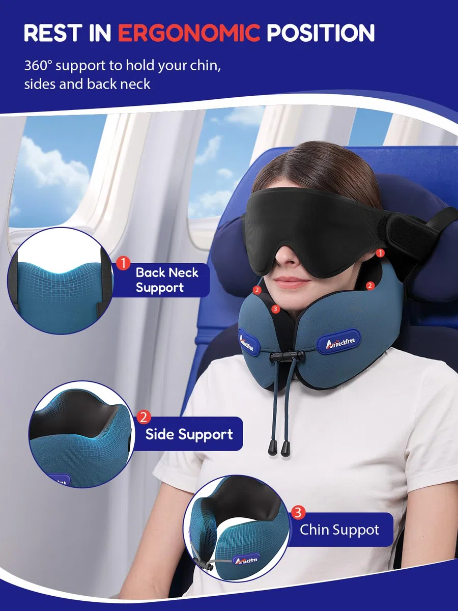 Almohada de Viaje para Cuello para Avión y Coche Neck Pillow | Con Correa de Asiento y Antifaz 3D, Soporte para Cabeza y Cuello, Espuma Viscoelástica Cómoda para Vuelos Largos, Azul Lago