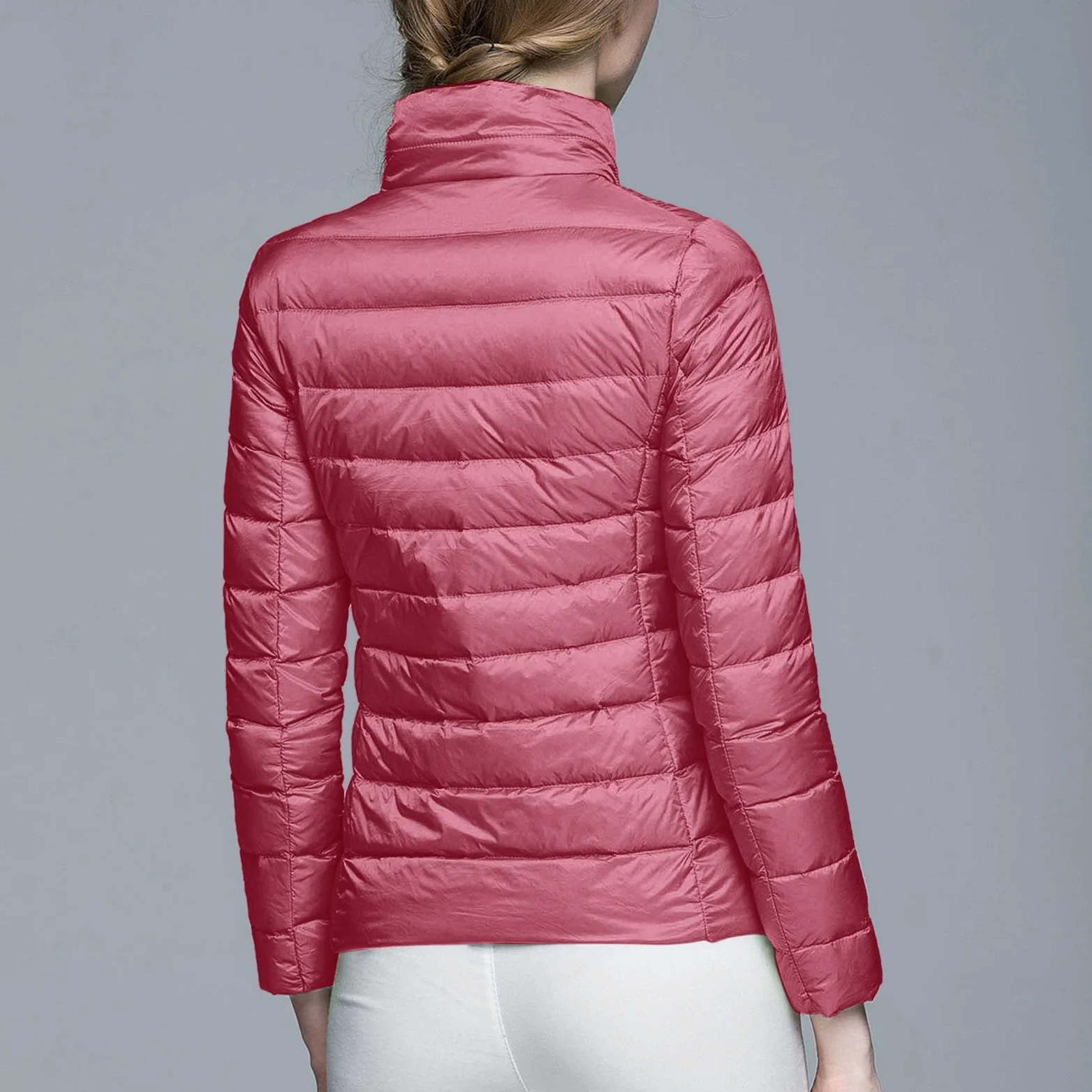 Chaqueta ligera y cálida para mujer, abrigo de invierno a prueba de sin capucha con aislamiento reciclado, abrigo de plumón de pato blanco cálido con capucha corta y delgada para invierno