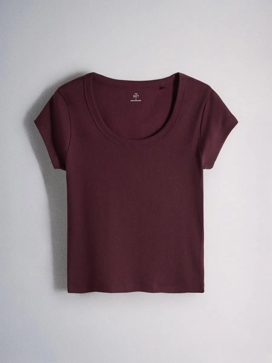 THE SET Mujeres Pack de 5 Camisetas de canalé con Mangas japonesas y Cuello Redondo