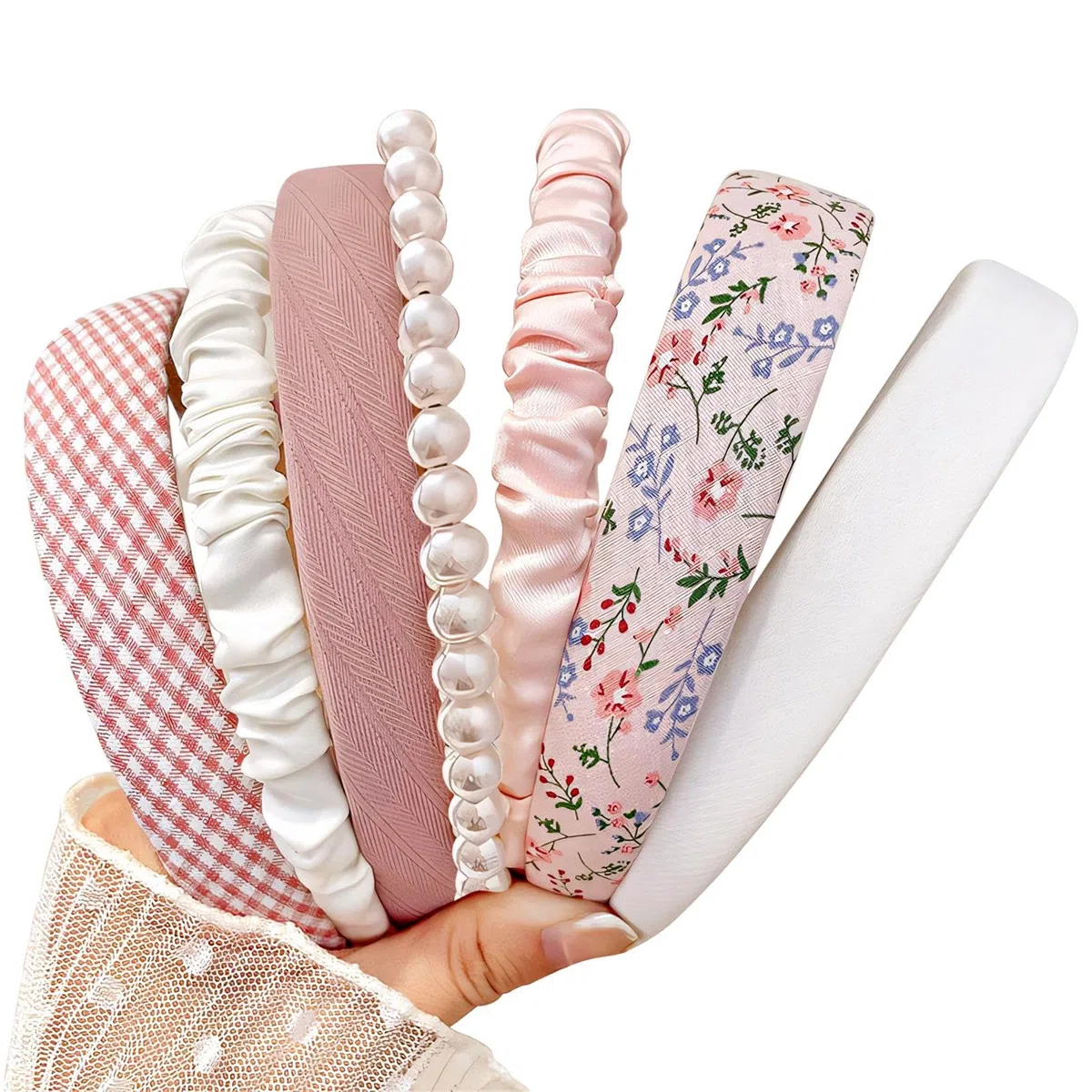 Diademas para mujeres y niñas, juego de 7 piezas, diademas acolchadas florales antideslizantes, bonita diadema de perlas para niñas, diadema ancha vintage