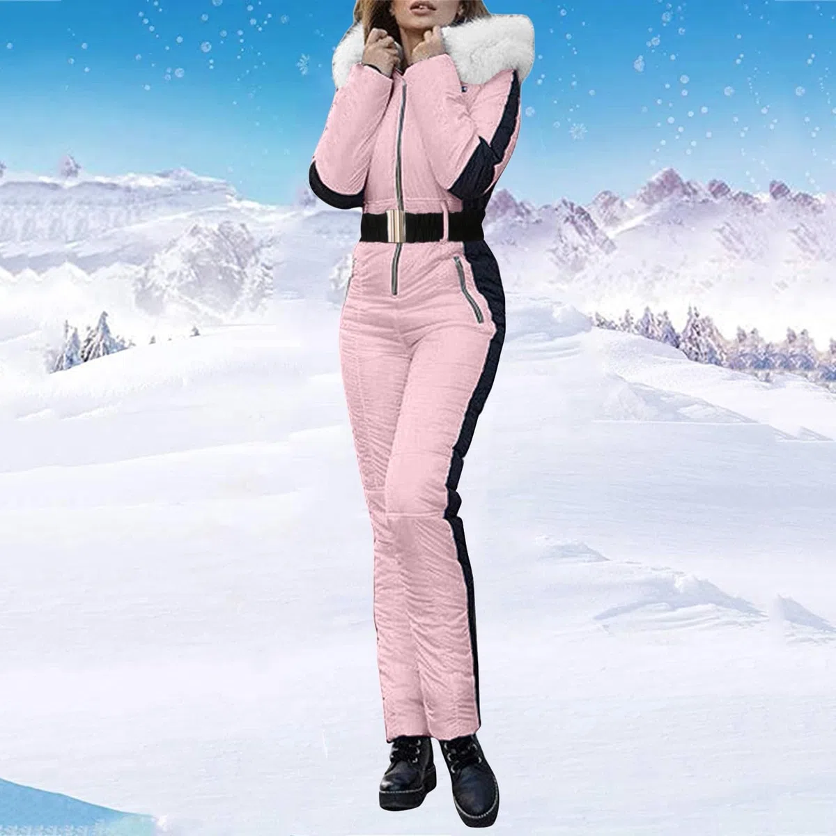 Mono de esquí para mujer, mono de esquí de una pieza, para invierno, cálido, resistente al viento, a prueba de viento, mono de esquí, con capucha, con cremallera, traje de nieve para deportes