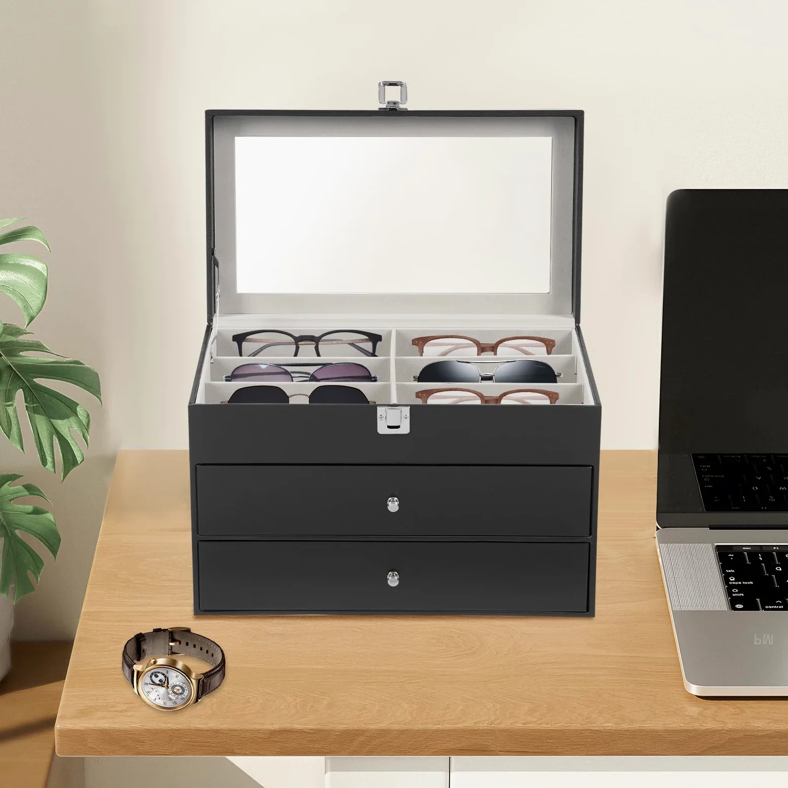 Caja de almacenamiento para gafas de sol, estuche con cerradura, gafas de sol con tapa de cristal, para guardar 12 relojes y 12 gafas de sol