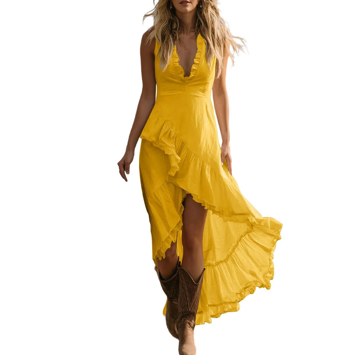 Vestidos Verano Mujer sin Mangas Vestidos Casual Cuello En V Profundo Dobladillo con Volantes Lino Vestido Largo Asimétrico Vestido de Verano Transpirable Ligero Boho para Fiesta Playa Vacaciones