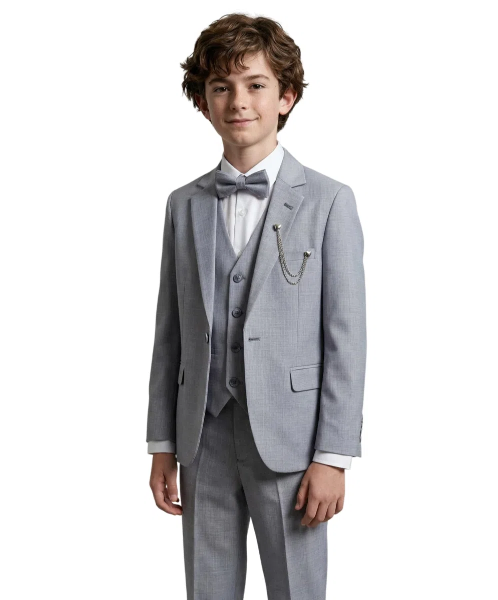 Traje Formal Texturizado de 6 Piezas para niños, Corte Ajustado, para pajes, Bodas, comuniones Autocomprobación Gris, Tamaño 9 Años