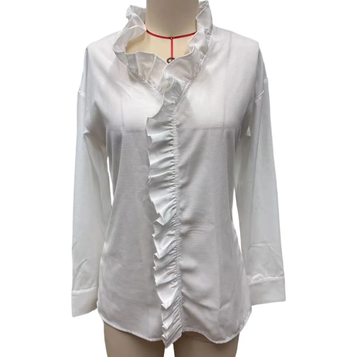 Camisa de manga larga con cuello en V y volantes para mujer, casual, ajuste holgado, para negocios, oficina, trabajo, camisa de trabajo de manga larga con cuello en V
