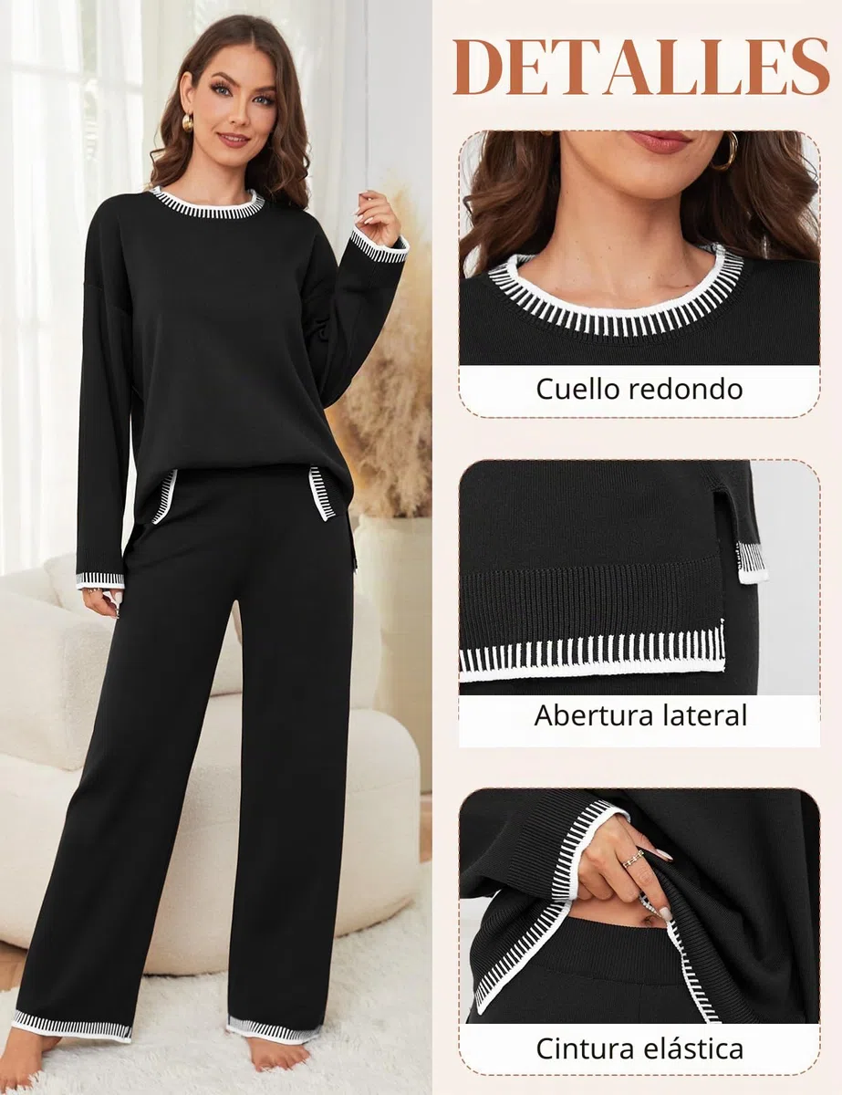 TOMEEK Conjunto Punto Mujer Dos Piezas Casual Chandal Completo Mangas Largas Tejido y Pantalones Suelto Cómodo Moda Conjunto De Pijama Salón Deportivo Color Sólido