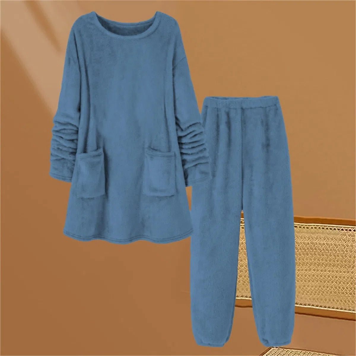 Traje de casa para mujer, suave, cálido, de dos piezas, para invierno, elegante, largo, cuello redondo, camiseta de dormir con bolsillos, juego de pantalones de pijama mullido, ropa de dormir, chándal