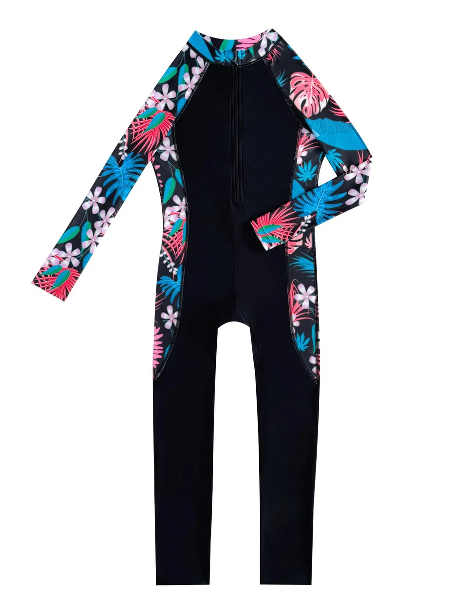 IMEKIS Traje de baño de una pieza para niñas y niñas, manga larga, estampado floral, con cremallera, UPF 50+, protección contra erupciones, modesto, cuerpo completo, traje de baño para deportes