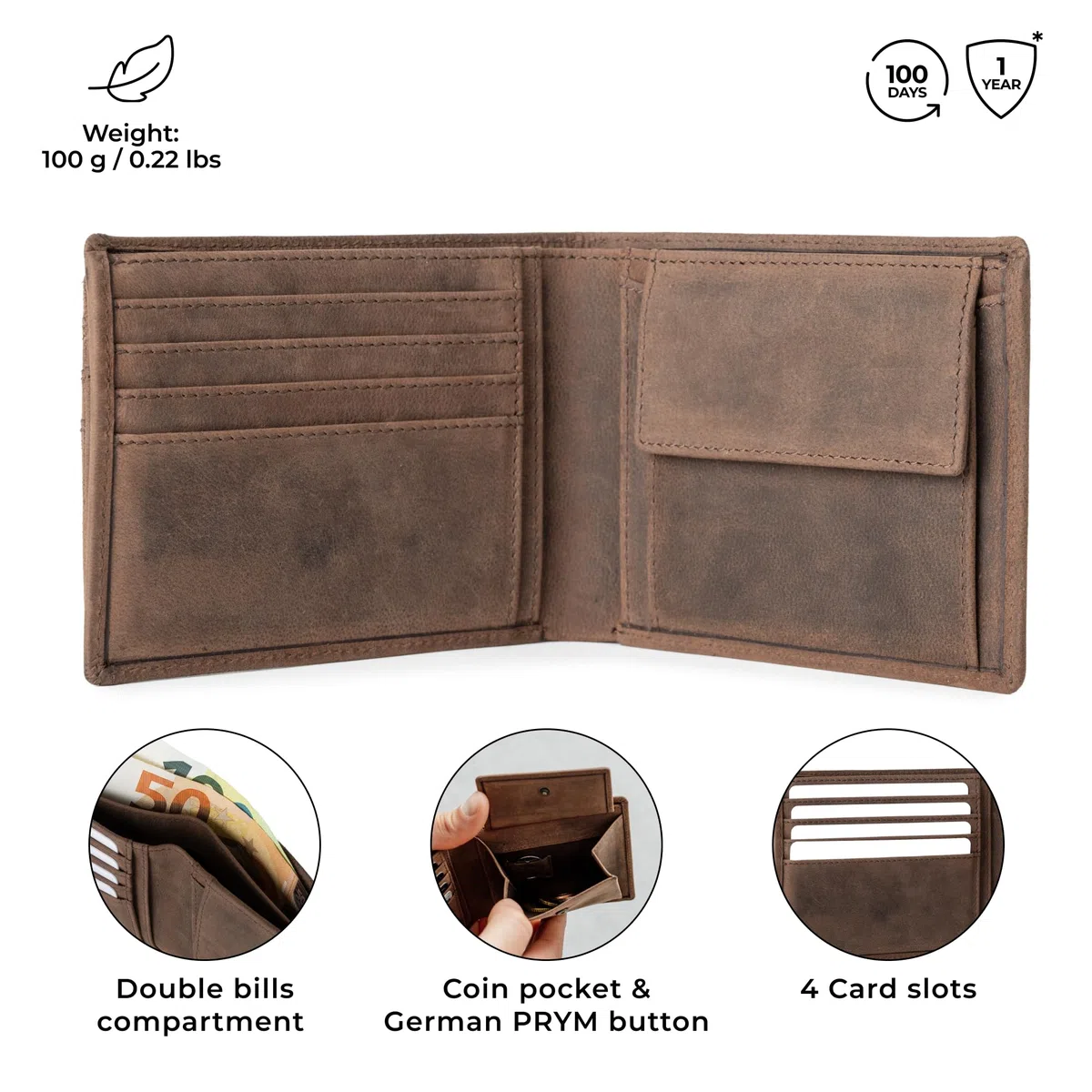 Berliner Bags Kiel Cartera de Piel Auténtica con Tarjetero Extraíble y RFID | Marrón Billetera De Cuero Hombre 8 Tarjetas Ventana Dni Monedero Cierre Botón Alemán Estilo Vintage Único Elegante Práctica