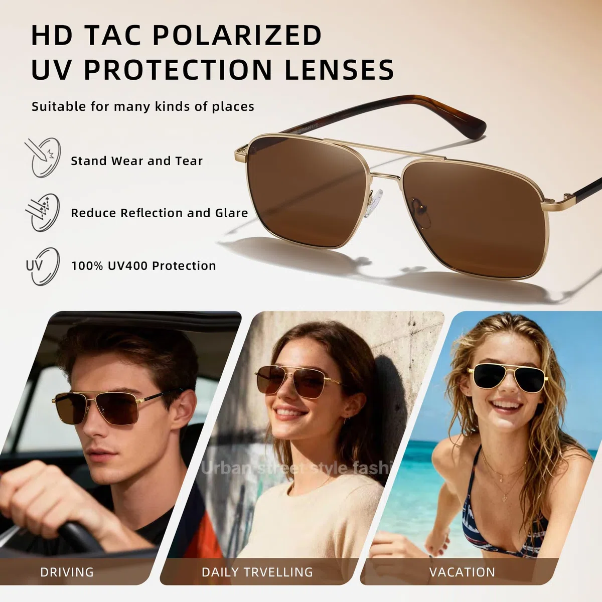 Lentes de sol polarizados de aviador para hombres y mujeres, protección UV400, retro, cuadrados, frescos, gafas de sol