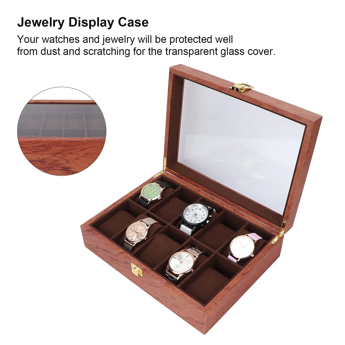 ZJchao Caja de Reloj de 10 Ranuras para Hombres y Mujeres, Caja de visualización de Relojes de Madera, Almohada Suave, Organizador de Relojes, Caja de Almacenamiento de Relojes con Tapa de Vidrio