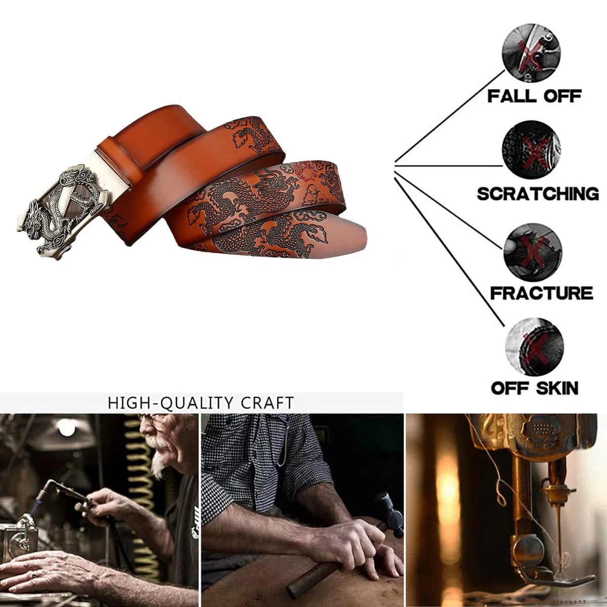 Cinturones de cuero genuino con hebilla trinquete dragón 3D automático grabado